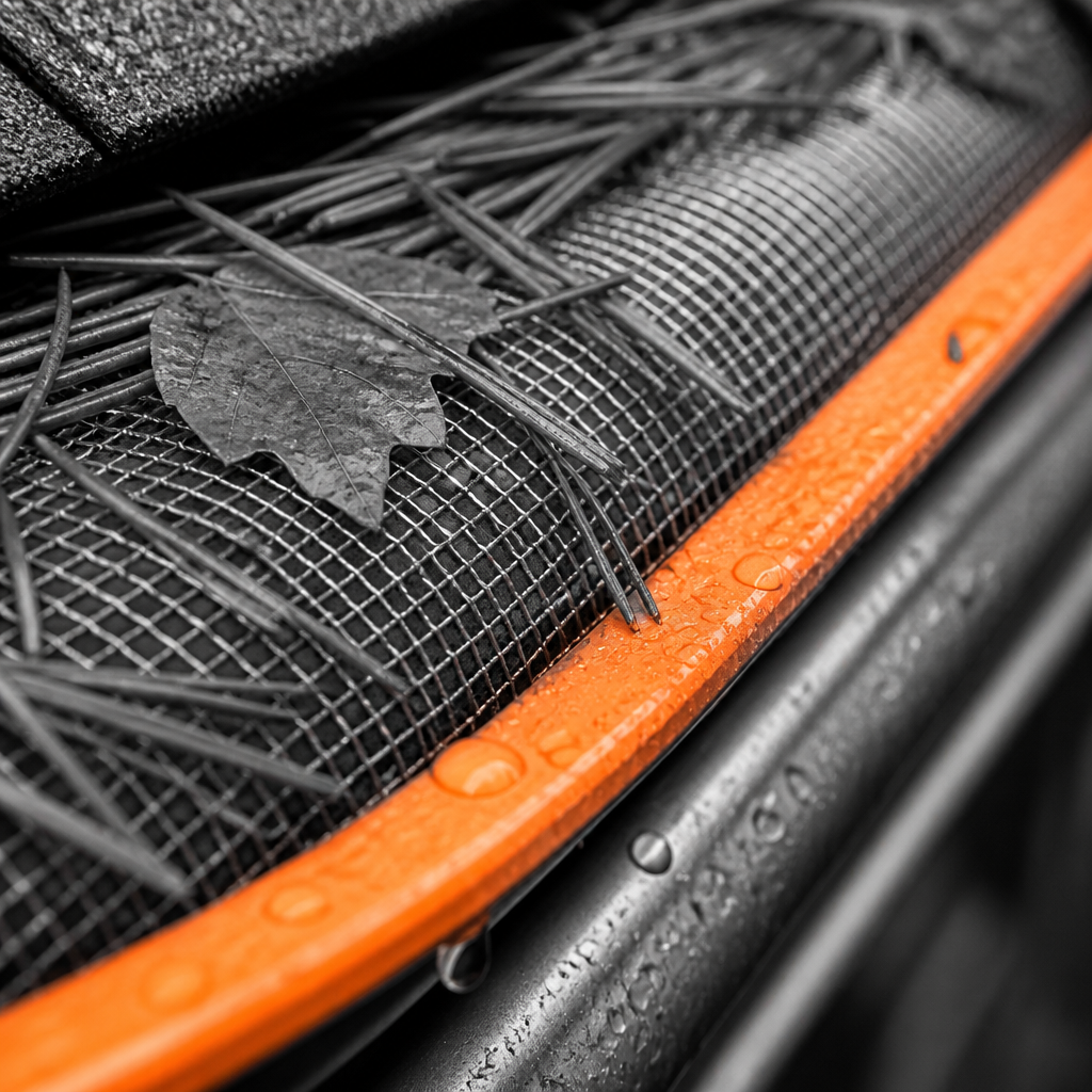 Close-up of gutter guards keeping out leaves and pine needles